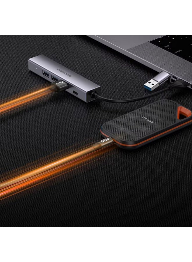 بورودو موزع متعدد المنافذ 5 في 1 مزود بمنافذ RJ45 وUSB-C وثلاثة منافذ USB 3.0، يدعم توصيل الطاقة بقدرة 100 واط، هيكل من سبائك الألومنيوم، توافق عالمي، تصميم سهل الاستخدام - رمادي - Image 3